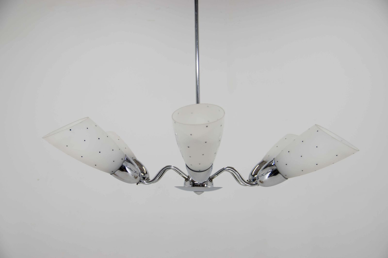 Mid Century Chrome Plated 6 Flamming Chandelier By Instala Decin, 1950s photo vinterior
