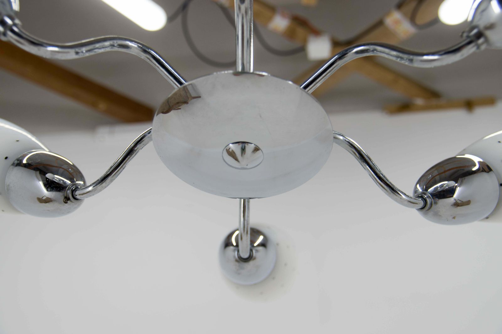 photo furniture Mid Century Chrome Plated 6 Flamming Chandelier By Instala Decin, 1950s