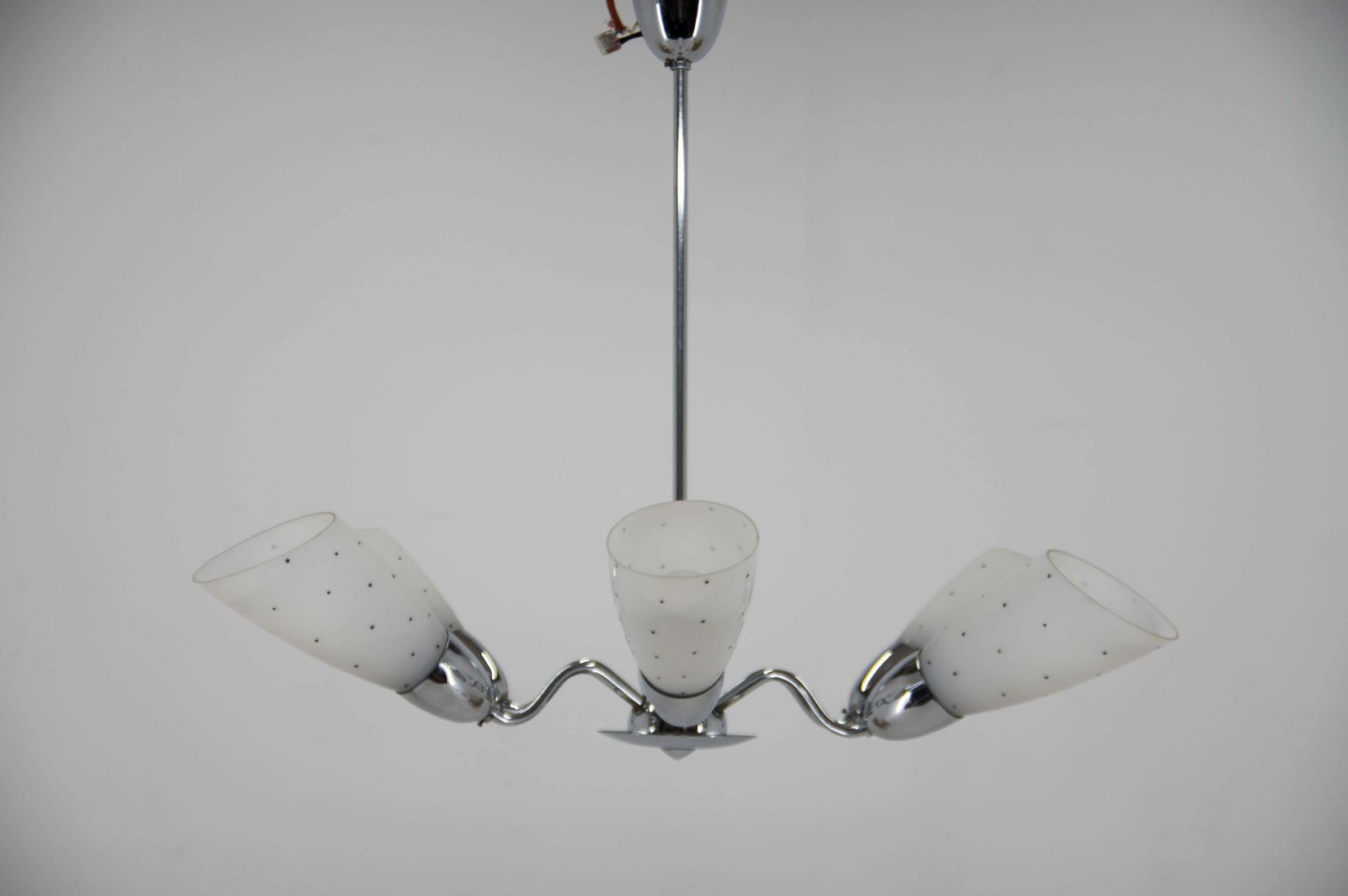 photo for sale Mid Century Chrome Plated 6 Flamming Chandelier By Instala Decin, 1950s