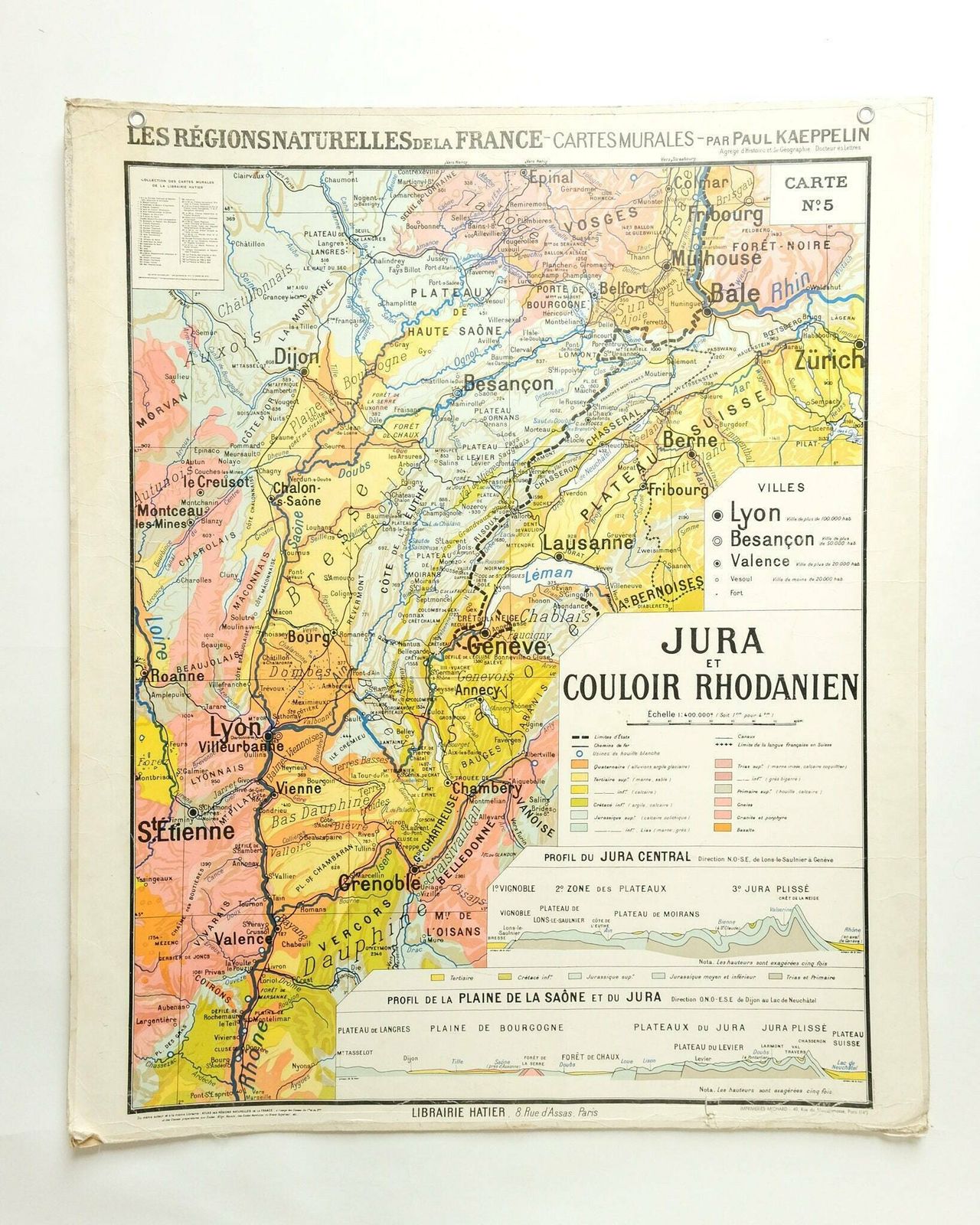 Original 1950s Large Vintage French Educational School Wall Chart Jura Double Sided Map Beautiful Rare Paul Kaeppelin Lyon Geneva Grenoble