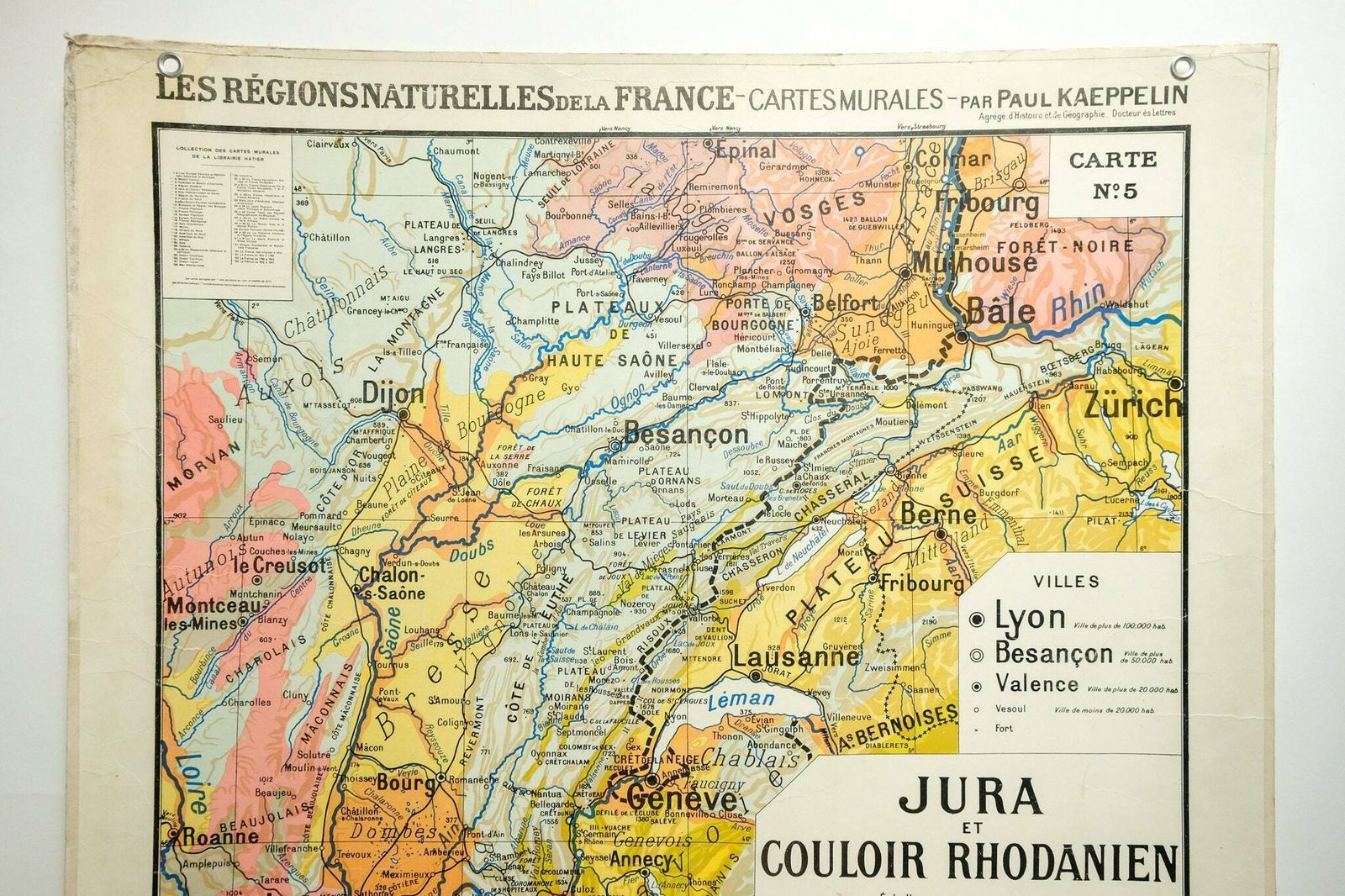 Original 1950s Large Vintage French Educational School Wall Chart Jura Double Sided Map Beautiful Rare Paul Kaeppelin Lyon Geneva Grenoble photo for sale