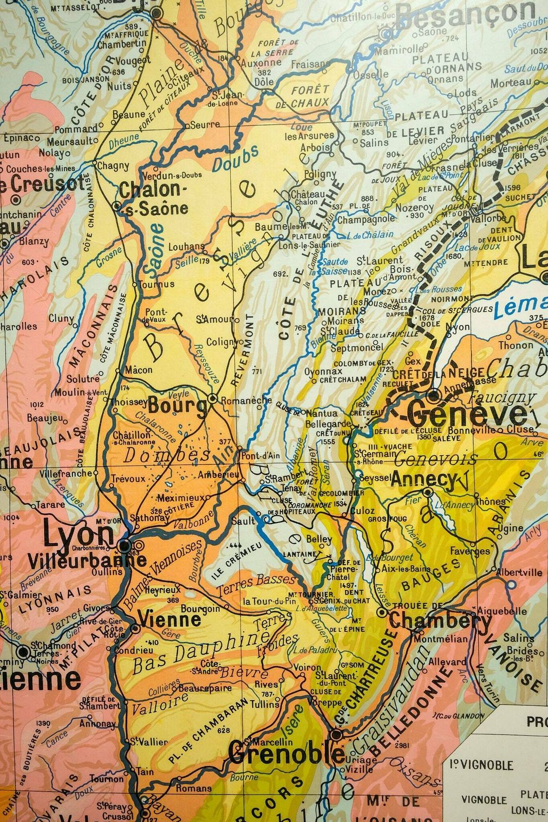 Original 1950s Large Vintage French Educational School Wall Chart Jura Double Sided Map Beautiful Rare Paul Kaeppelin Lyon Geneva Grenoble photo Art