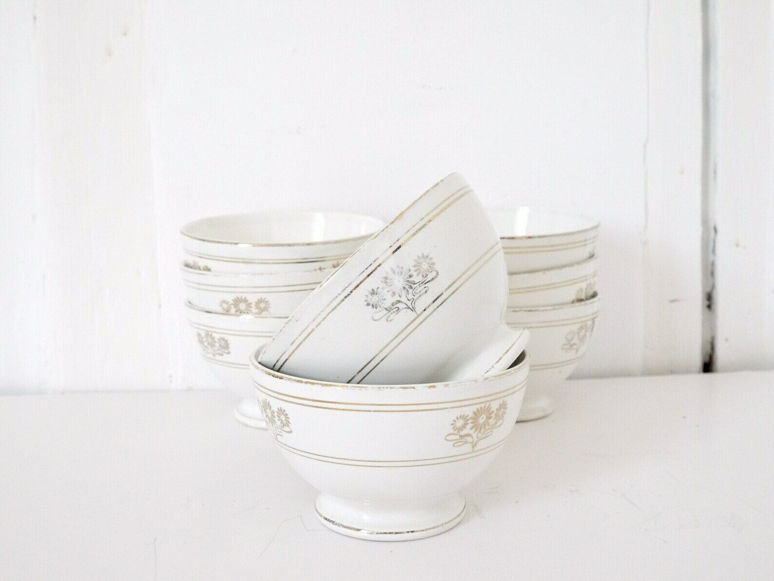 French Cafe Au Lait Bowls  Set Of Two (2) Gold Floral Freize  Four Sets