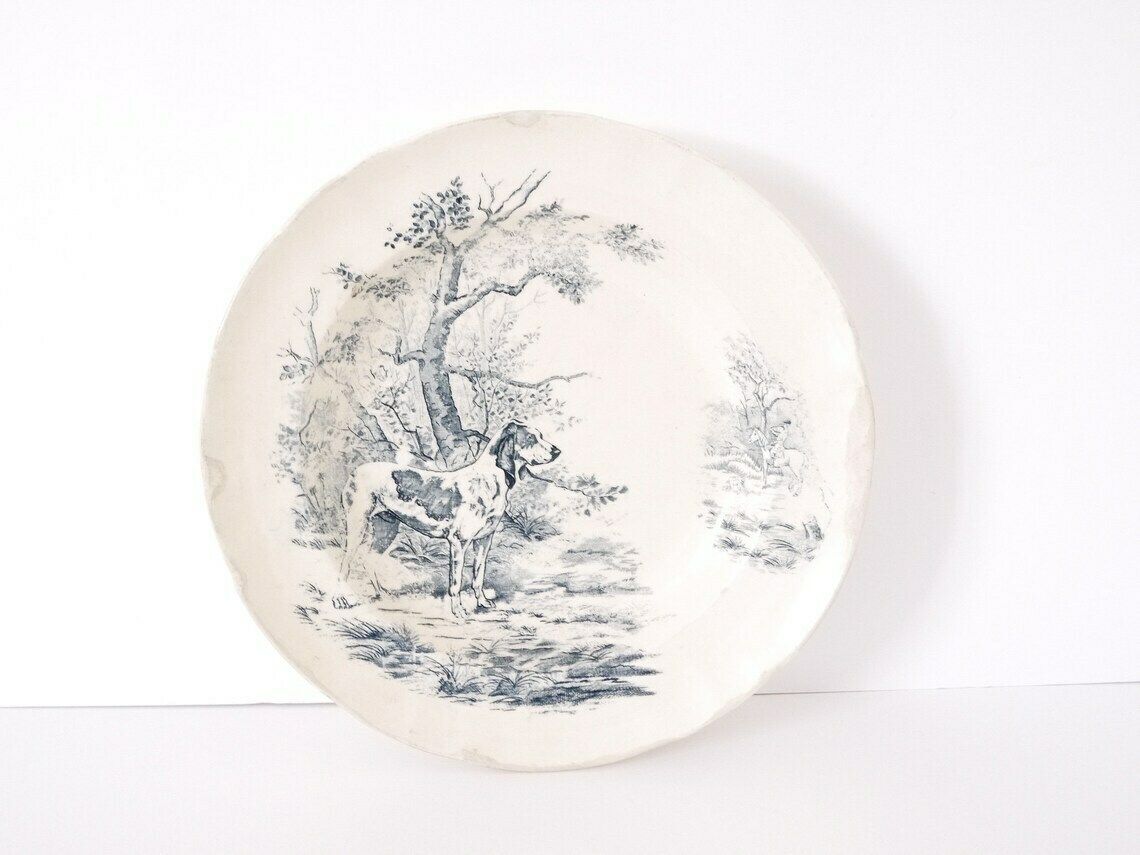 French Vintage Blue And White Plate Ironstone Hunting Dog Staffordshire Flow Blue Delph Blue Blue Willow Large 12 Inches