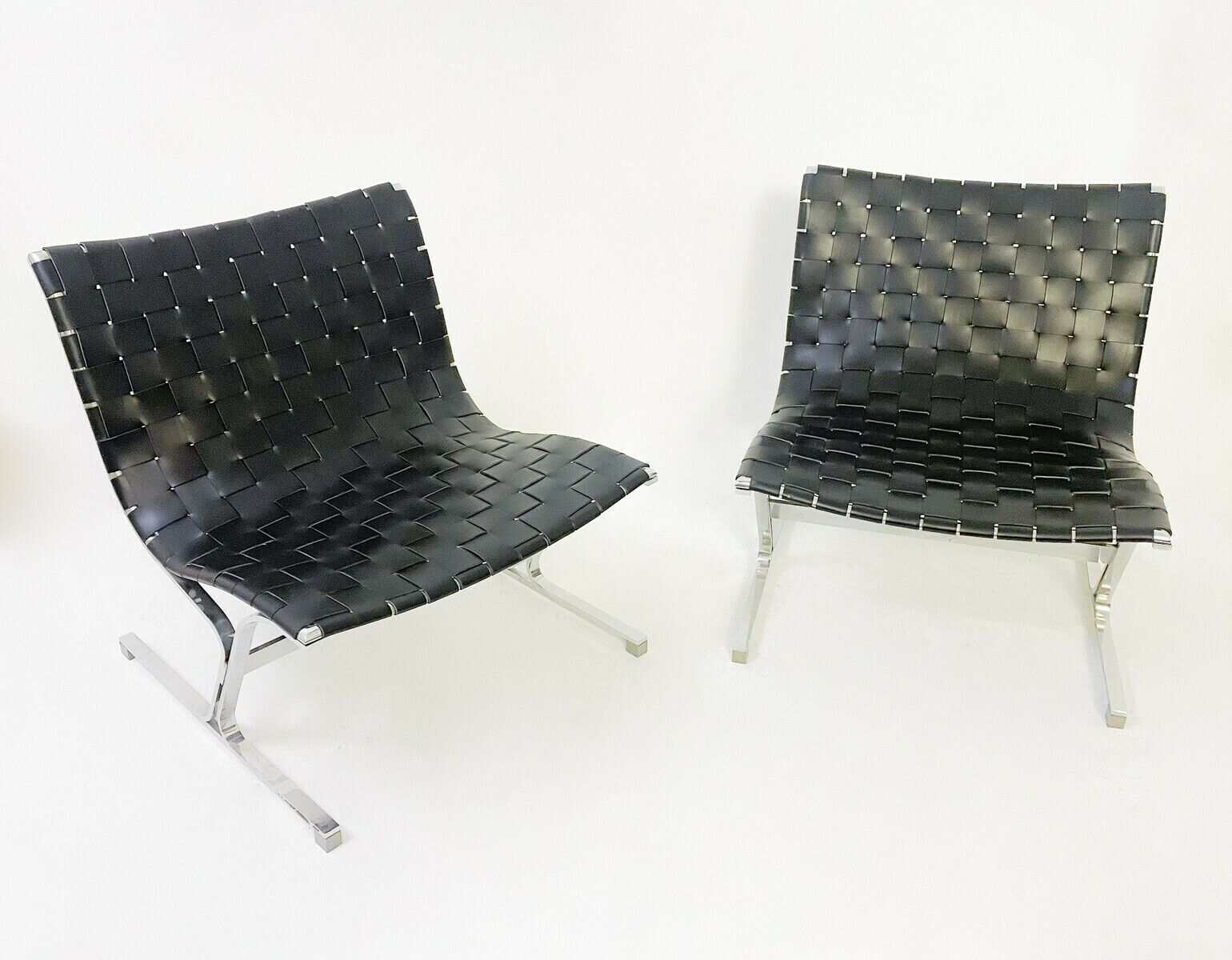 Pair Of Black Leather & Chrome Lounge Chairs By Ross Littell For Icf photo furniture