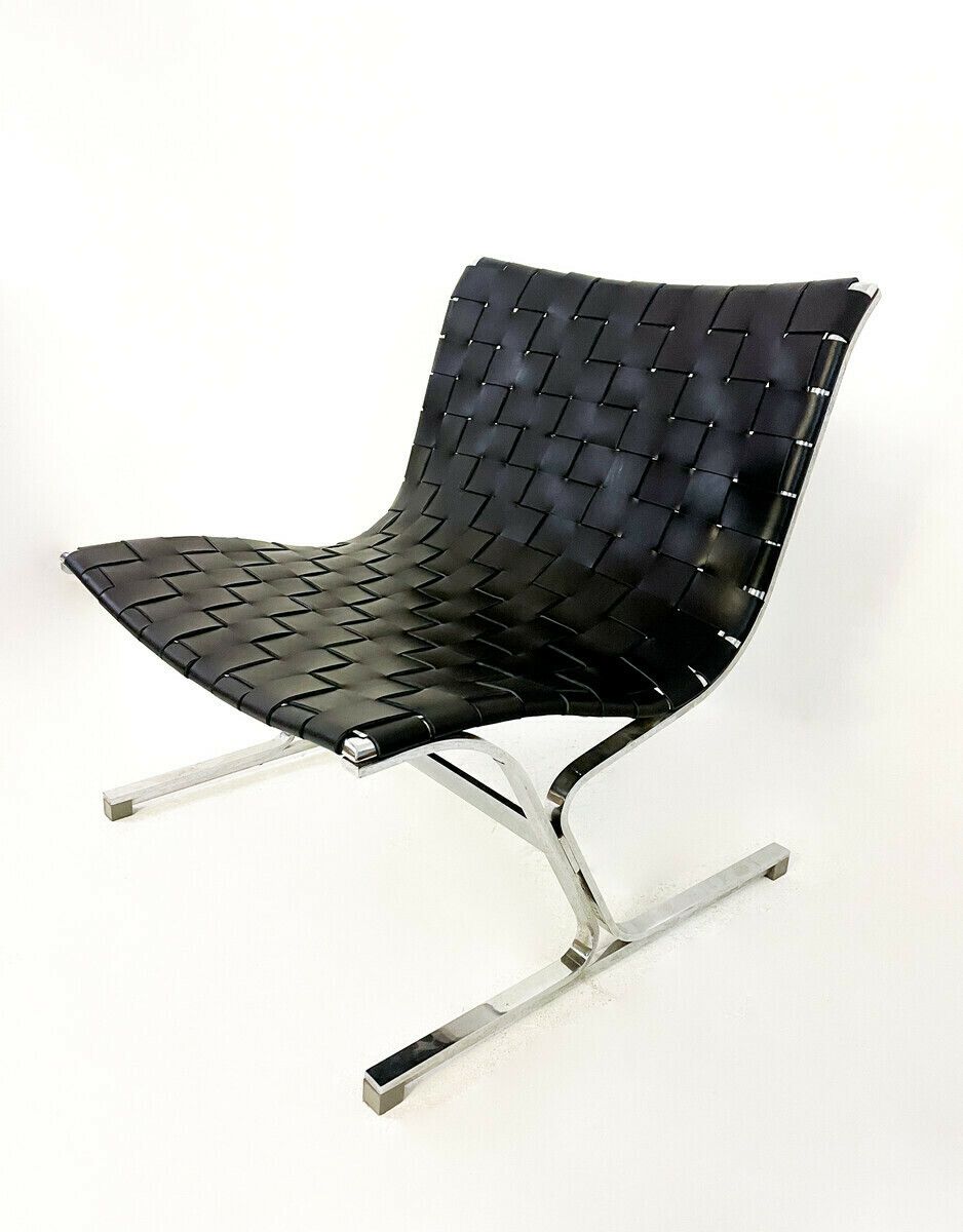 Pair Of Black Leather & Chrome Lounge Chairs By Ross Littell For Icf photo for sale