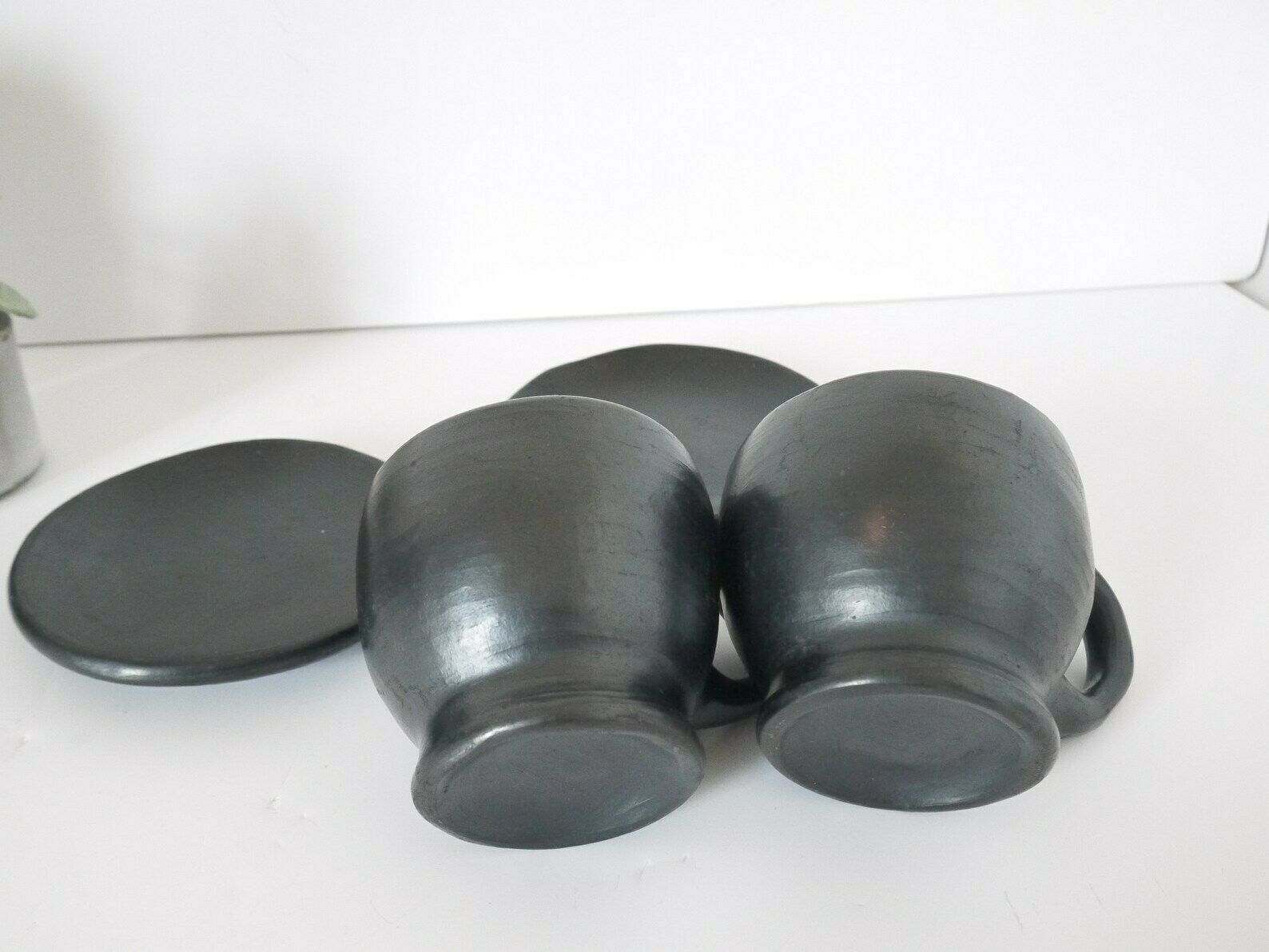 French Vintage Rustic Black Terra Cotta Coffee Cups With Saucers Handmade photo vinterior