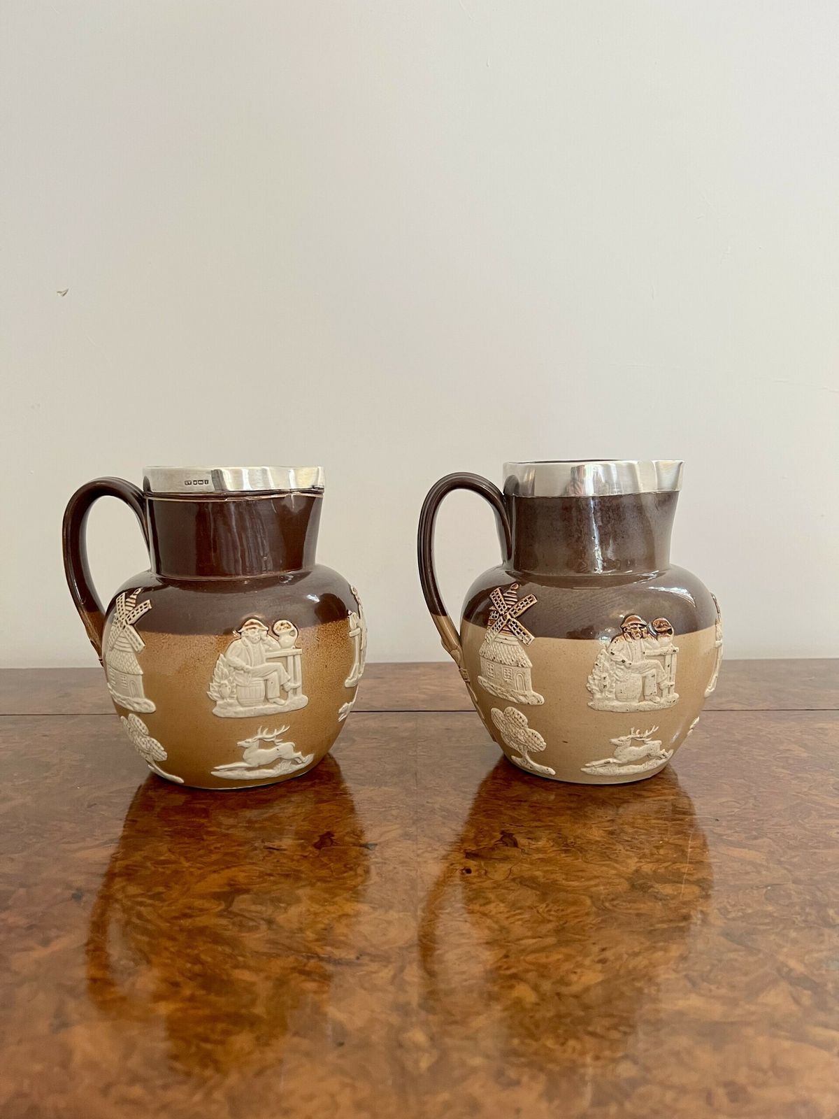 Unusual Pair Of Quality Antique Doulton Lambeth Harvest Jugs With Silver Rims photo for sale