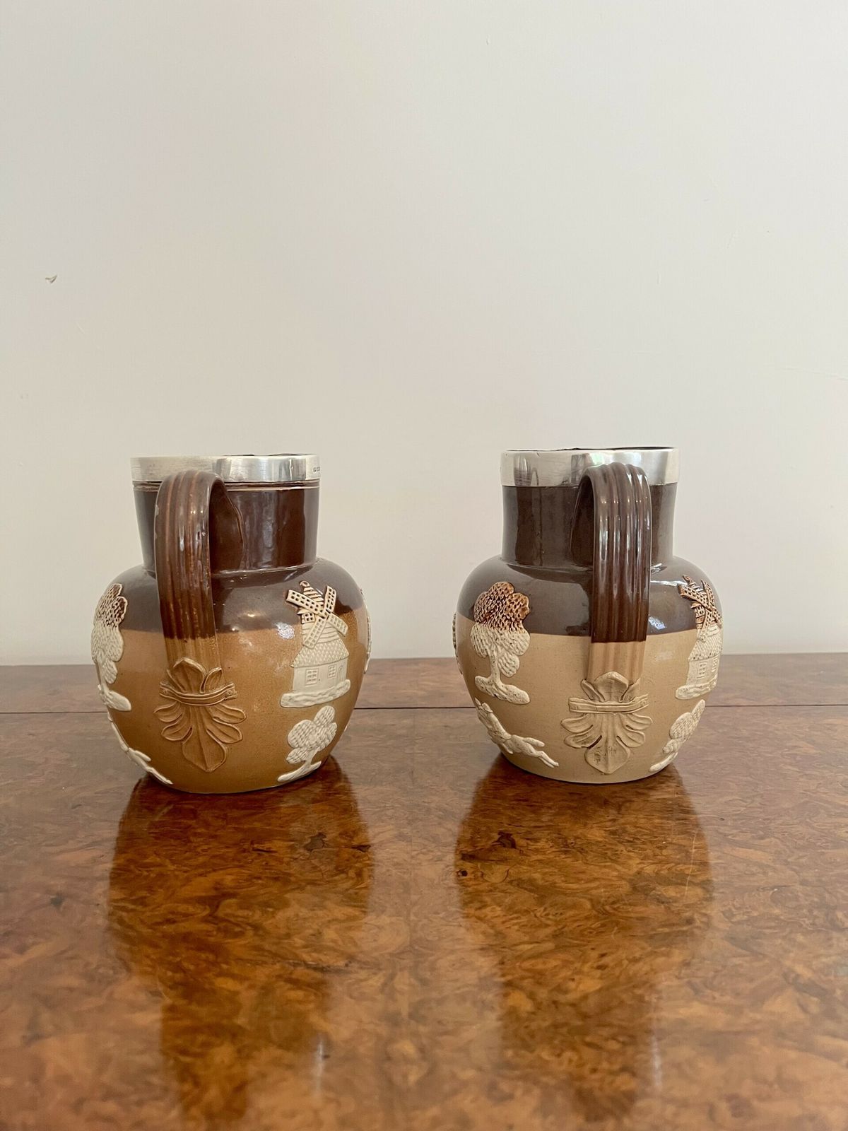 Unusual Pair Of Quality Antique Doulton Lambeth Harvest Jugs With Silver Rims photo 485.0