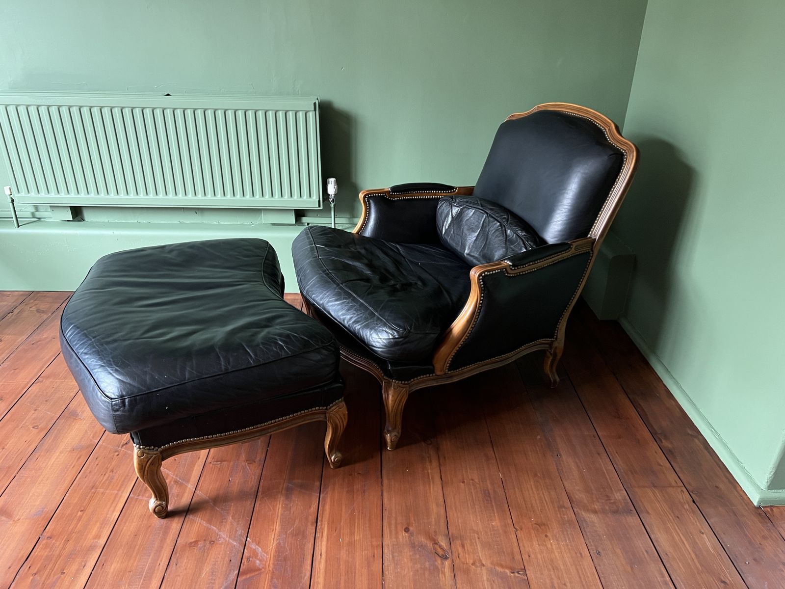 French Antique Chaise Lounge, Duchesse Brisée, Louis XVI Style, Hand Carved 2 Piece, Leather, With Fire Labels