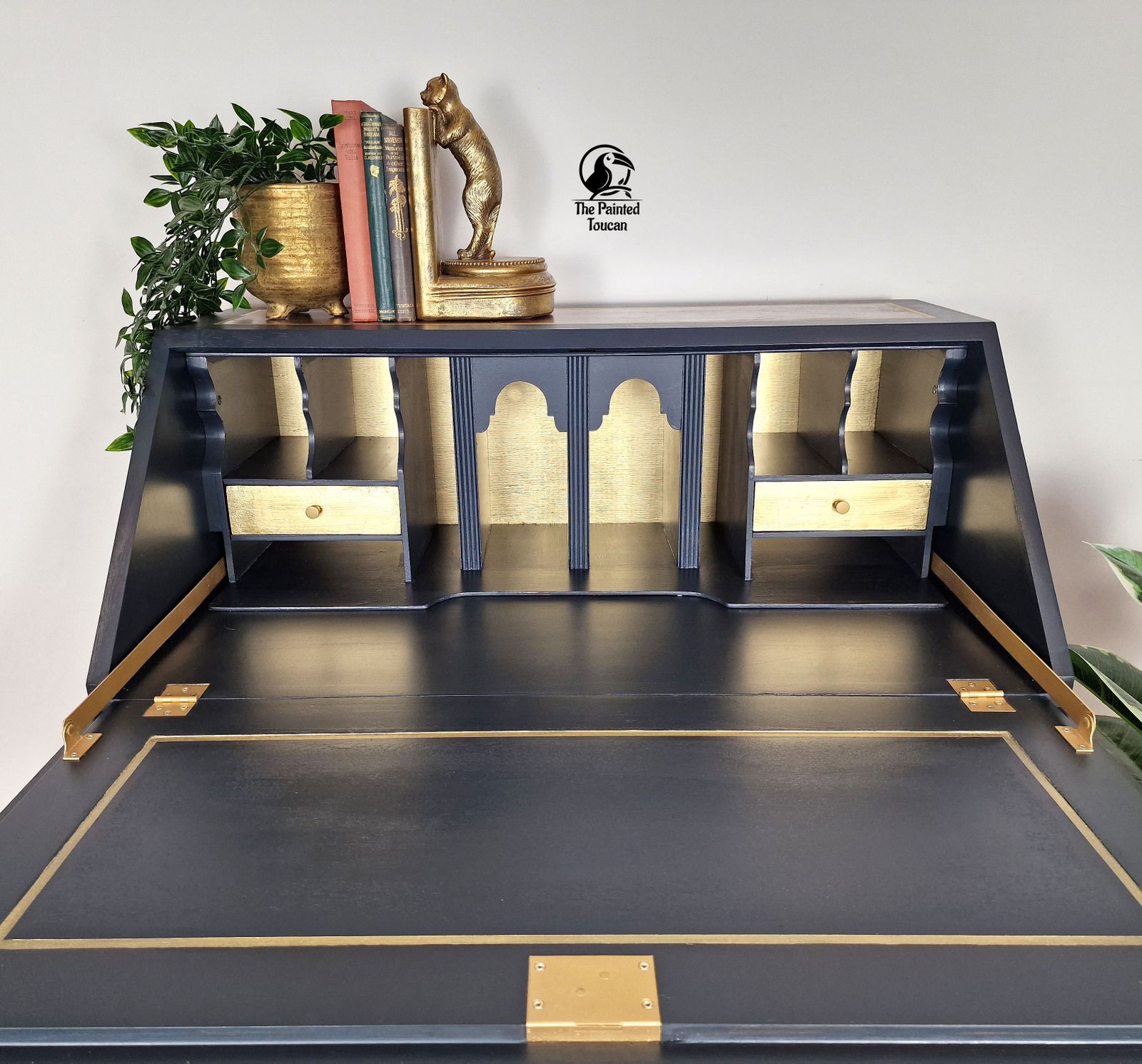 photo furniture Burr Walnut Writing Desk Bureau, Dark Blue And Gold Custom Order