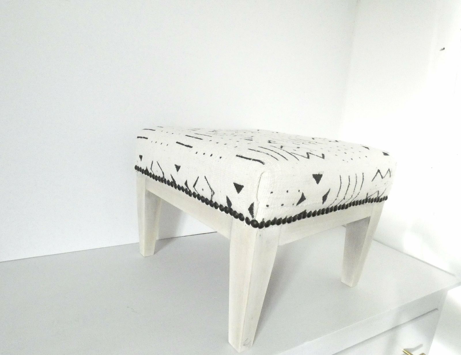 Vintage French Wooden Footstool Ottoman Mud Cloth Ethnic African Ottoman Stool photo for sale