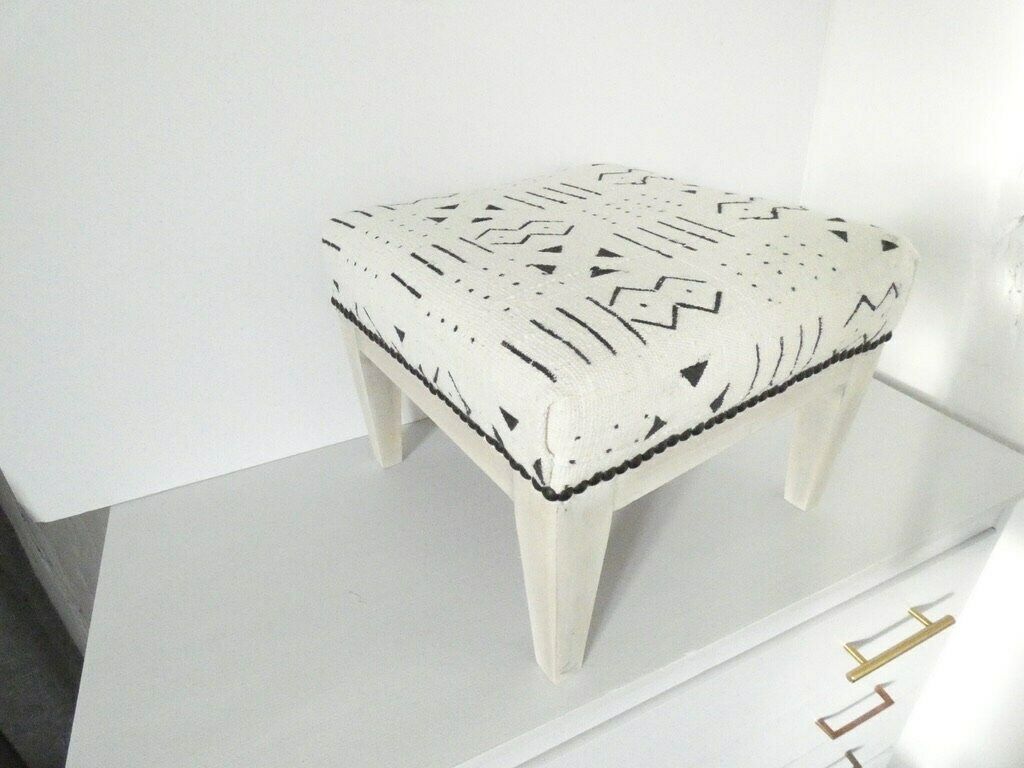 Vintage French Wooden Footstool Ottoman Mud Cloth Ethnic African Ottoman Stool photo Furniture