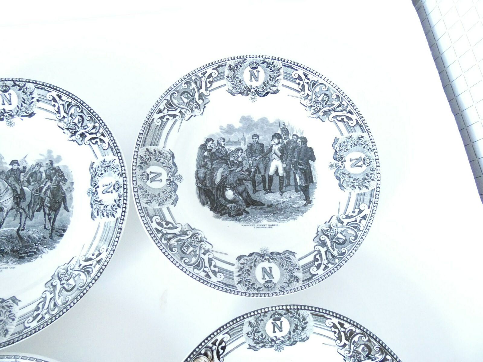 Antique Transfer Ware Plates Ironstone Black White Creil Plates, 19c Set Of Six Napoleon Bonaparte Theme photo 569.0