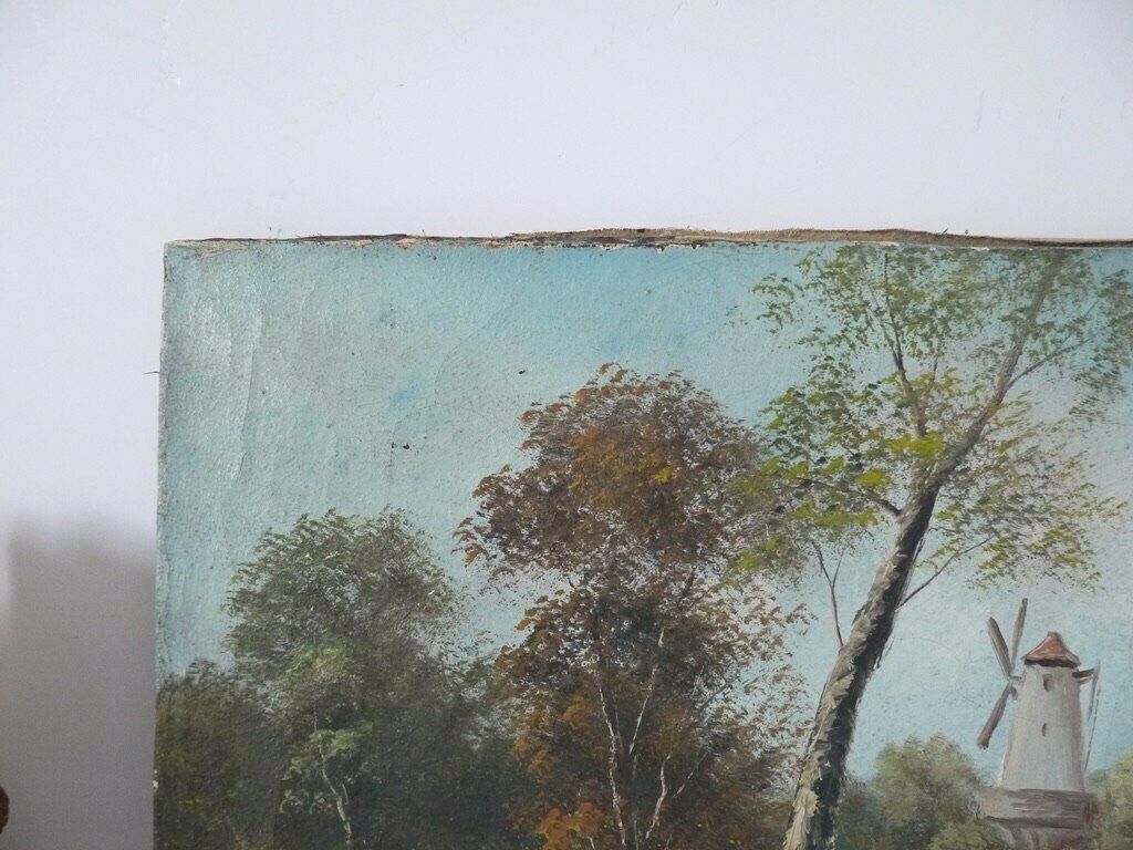 French Vintage Set Of 2 Two Oil Paintings Of A Countryside Windmill And House Landscape photo for sale