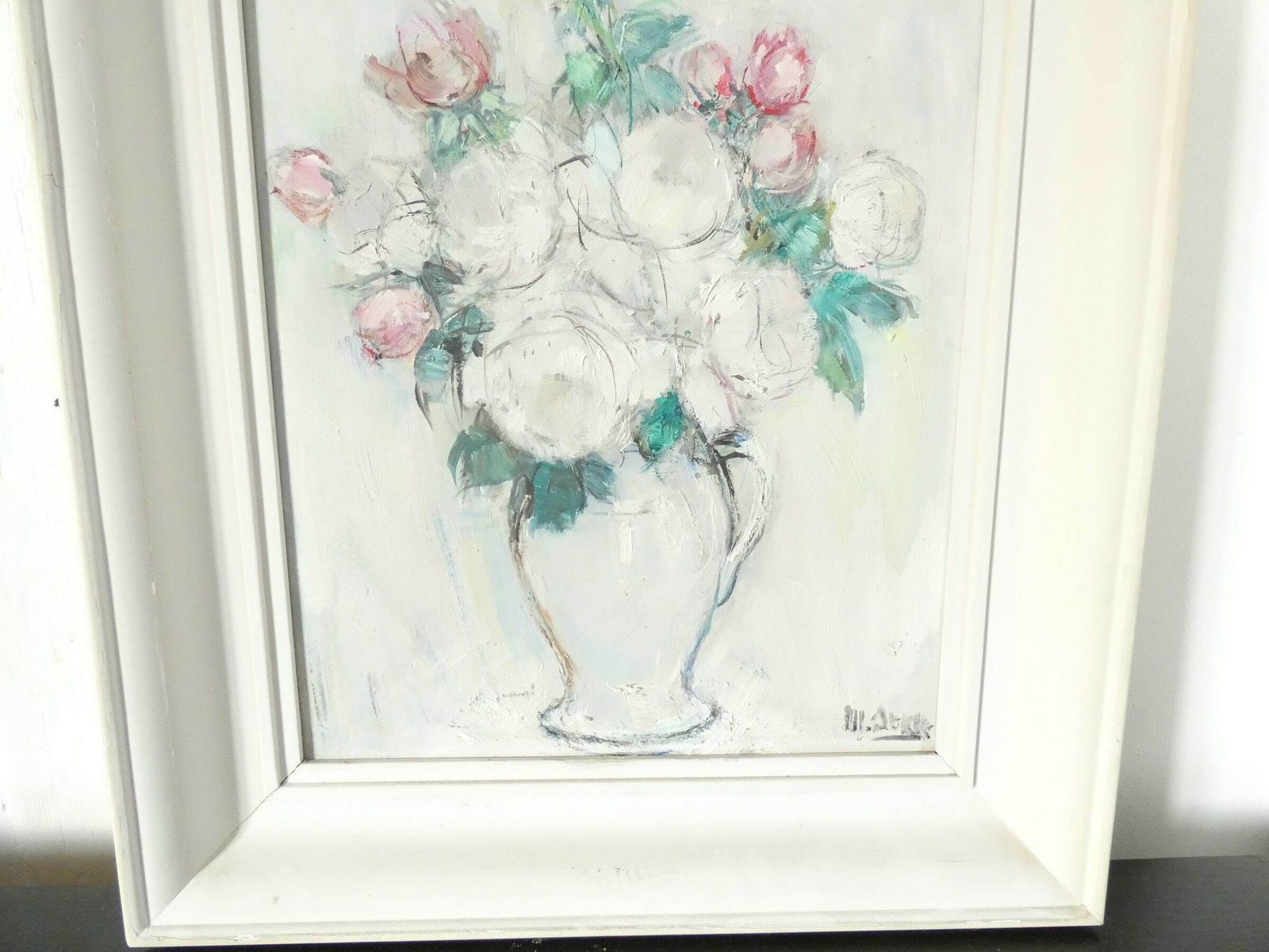 French Vintage Floral Rose Still Life Signed Mid Century Pastel Roses photo for sale