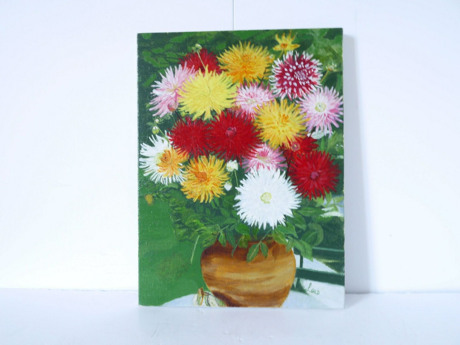 French Vintage Still Life Floral Rustic Primitive Dahlias In Vase Mid Century Signed photo furniture