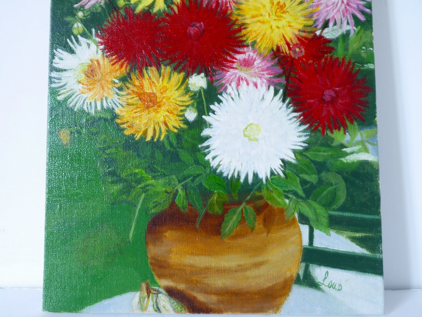 French Vintage Still Life Floral Rustic Primitive Dahlias In Vase Mid Century Signed photo Art