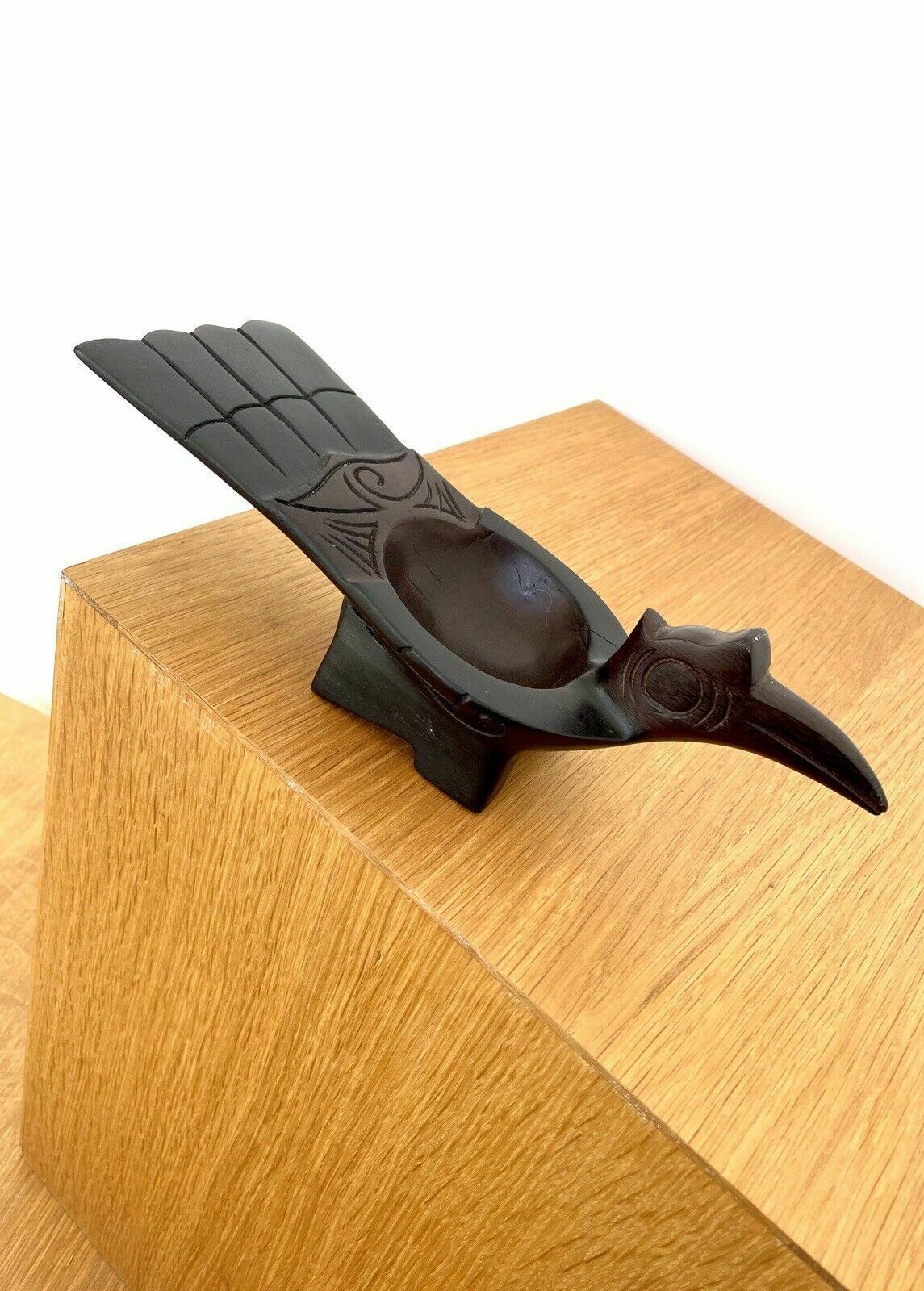 1950s Hornbill Rhinoceros Bird Hand Carved Wooden Bowl photo vinterior