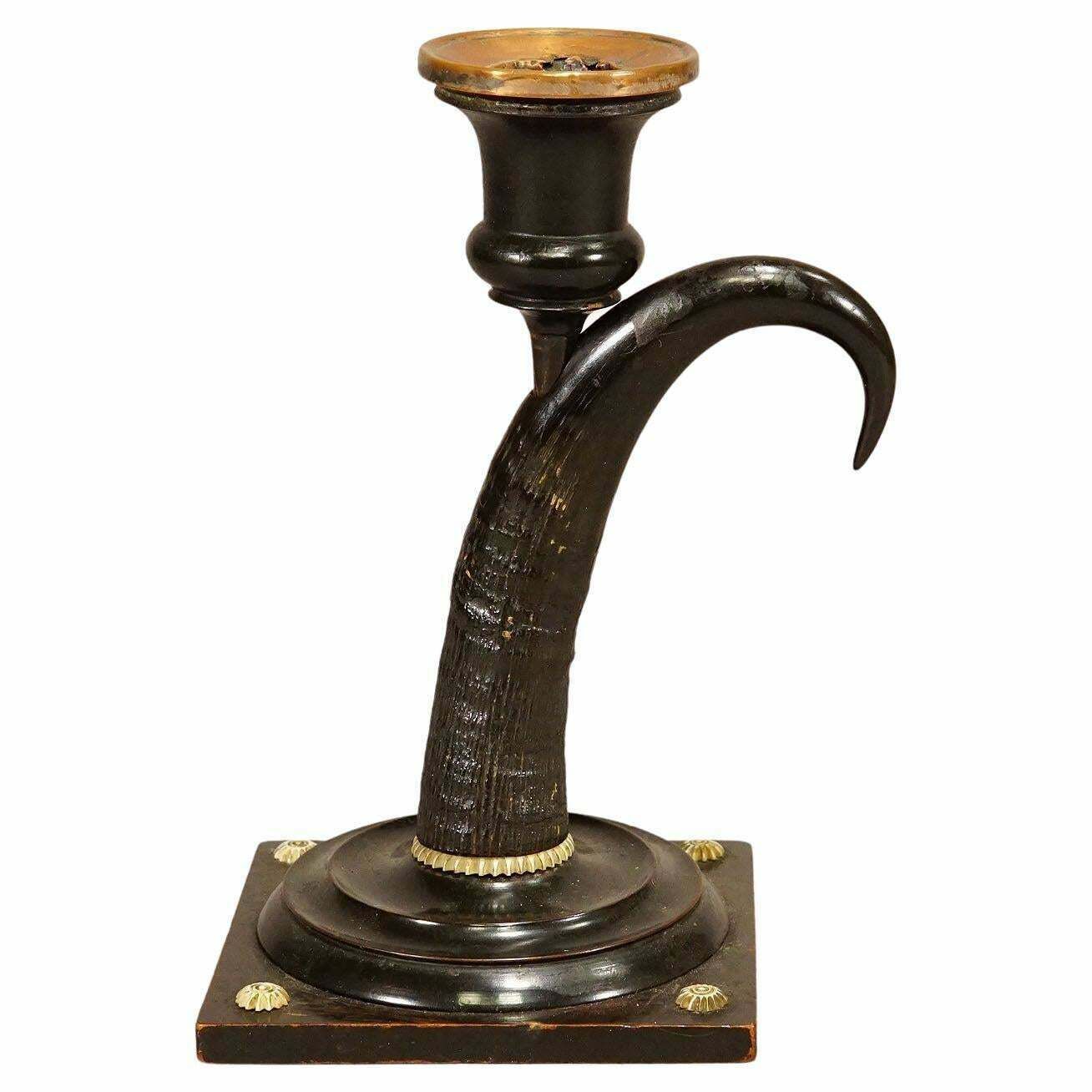 Antique Candle Stick With Real Chamois Horn, 19th Century photo vintage