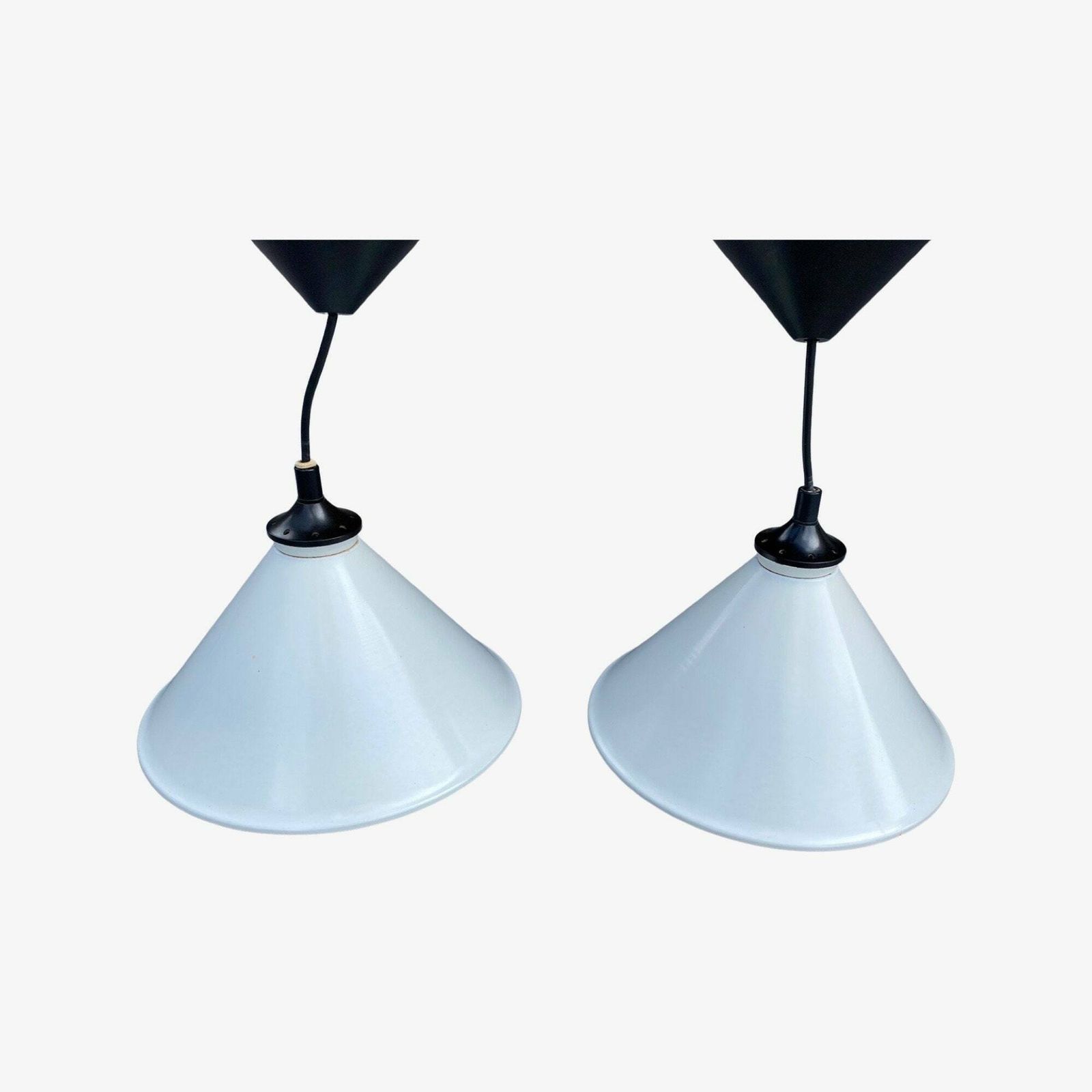 Set Of 2 White Metal Vintage Pendant Lights | Mid Century Modern Lighting | Industrial Vintage Pendants 1960s, 1970s | Dutch Design photo buy
