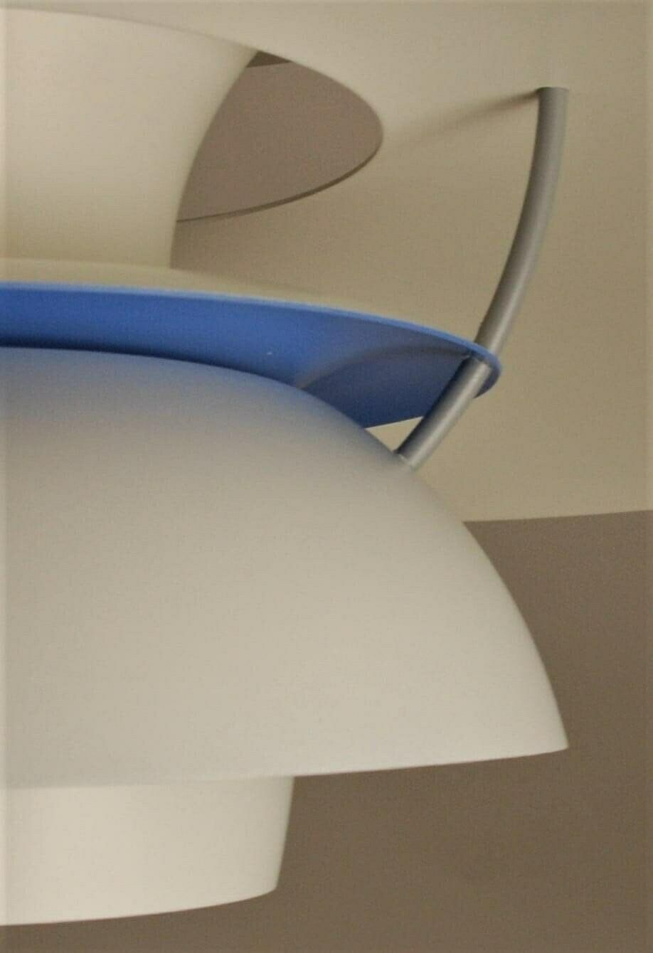 Vintage Louis Poulsen Ph5 Pendant | 1970's | White With Blue Anti Glare Ring And Grey Spacers photo Lighting