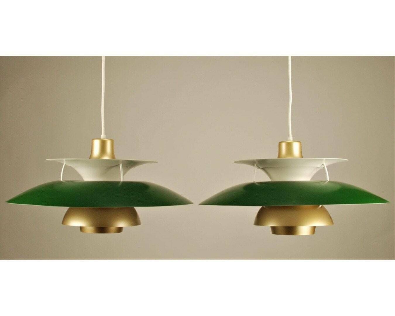Set Of 2 Vintage Louis Poulsen Pendant Lights | Gold/Green/White | Original Vintage With Brand Label