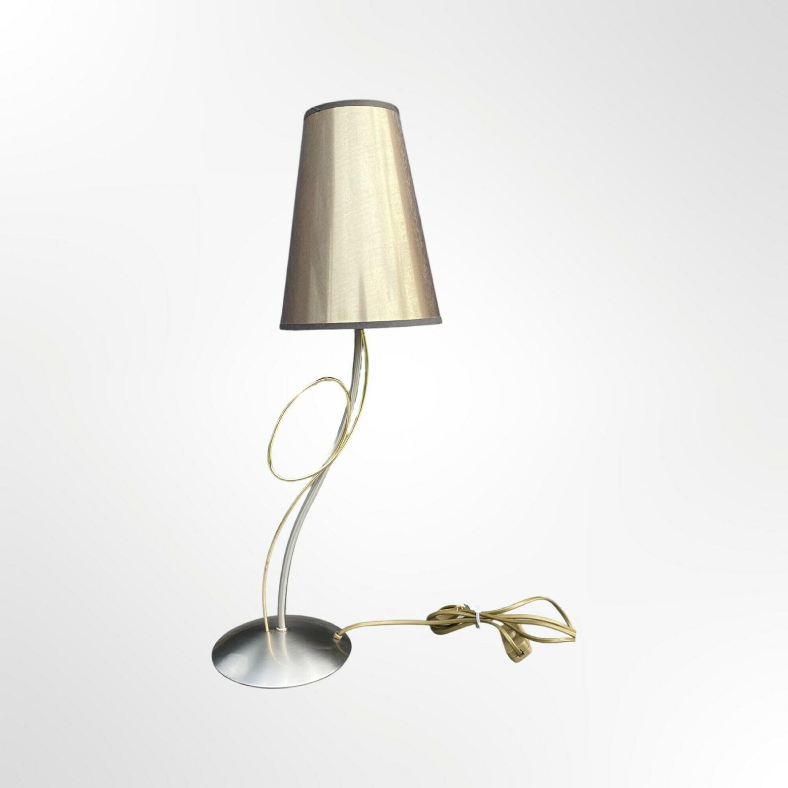 photo for sale Vintage Desk Lamp | Massive Belgium Designer Table Lamp, Desk Lamp, Night Light | Mid Century Modern | Silver Steel & Brass Base With Shade