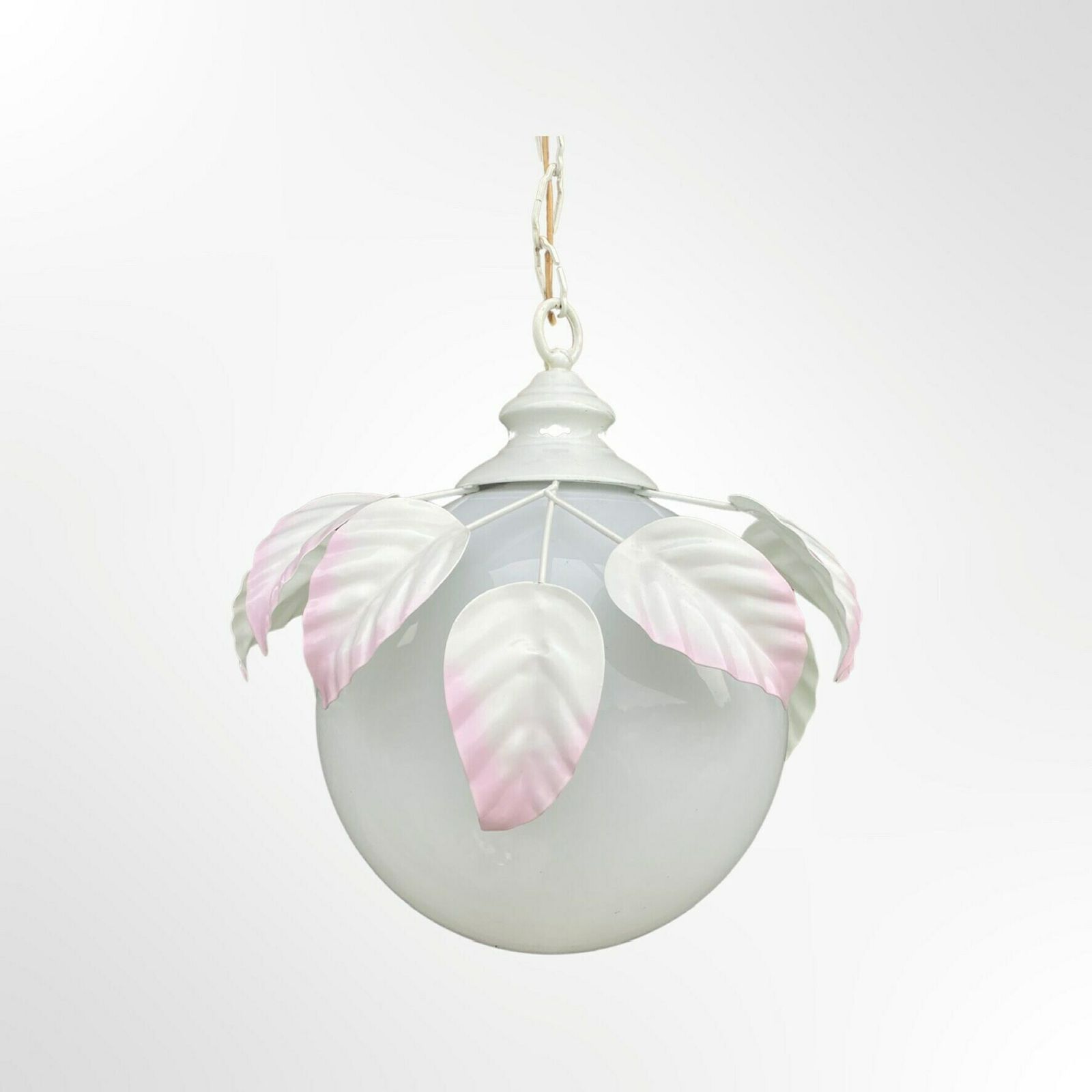 Vintage Milk Glass Globe Pendant Light   Hollywood Regency Style Lamp With White Metal Leafs   Vintage Ceiling Lamp photo for sale