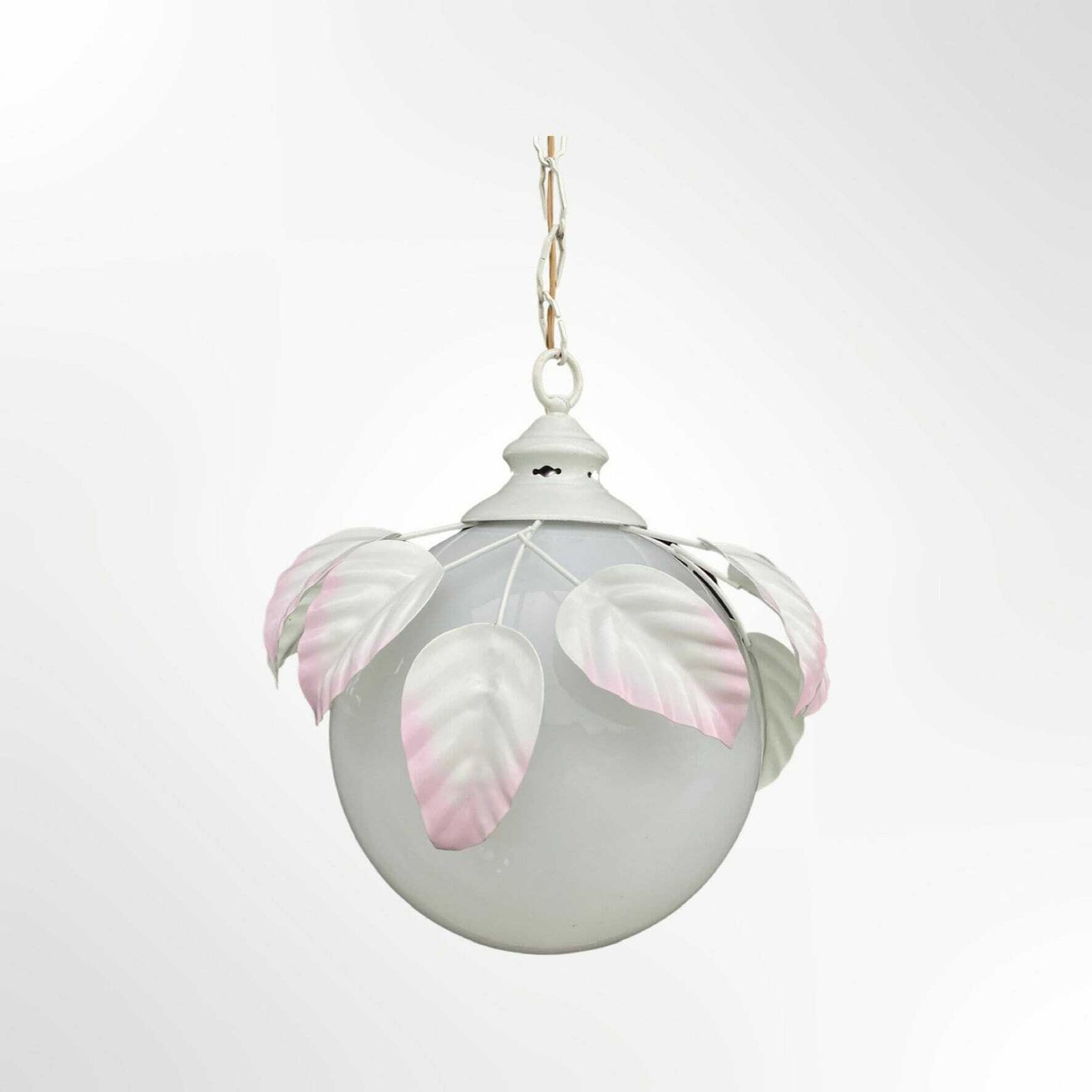 Vintage Milk Glass Globe Pendant Light   Hollywood Regency Style Lamp With White Metal Leafs   Vintage Ceiling Lamp photo 210.0
