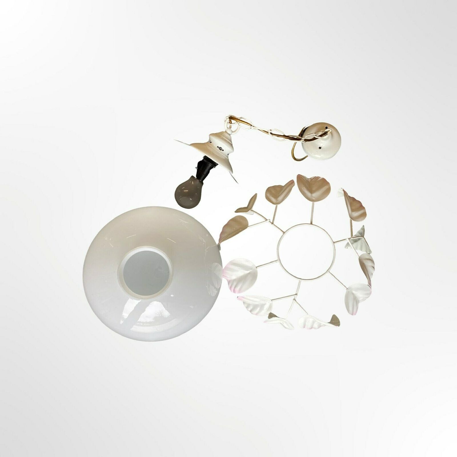 Vintage Milk Glass Globe Pendant Light   Hollywood Regency Style Lamp With White Metal Leafs   Vintage Ceiling Lamp photo buy