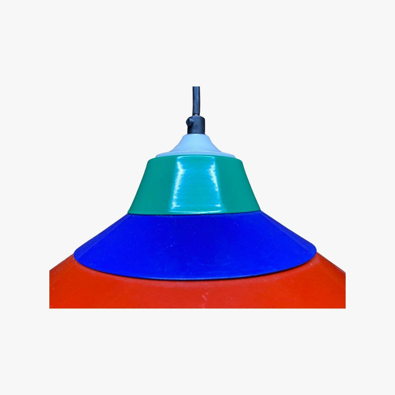 W.L.P. Germany Pendant Designer Light | Memphis Style Red/Blue/Green Metal Hanging Lamp | Mid Century Modern Lighting 1980s photo Lighting