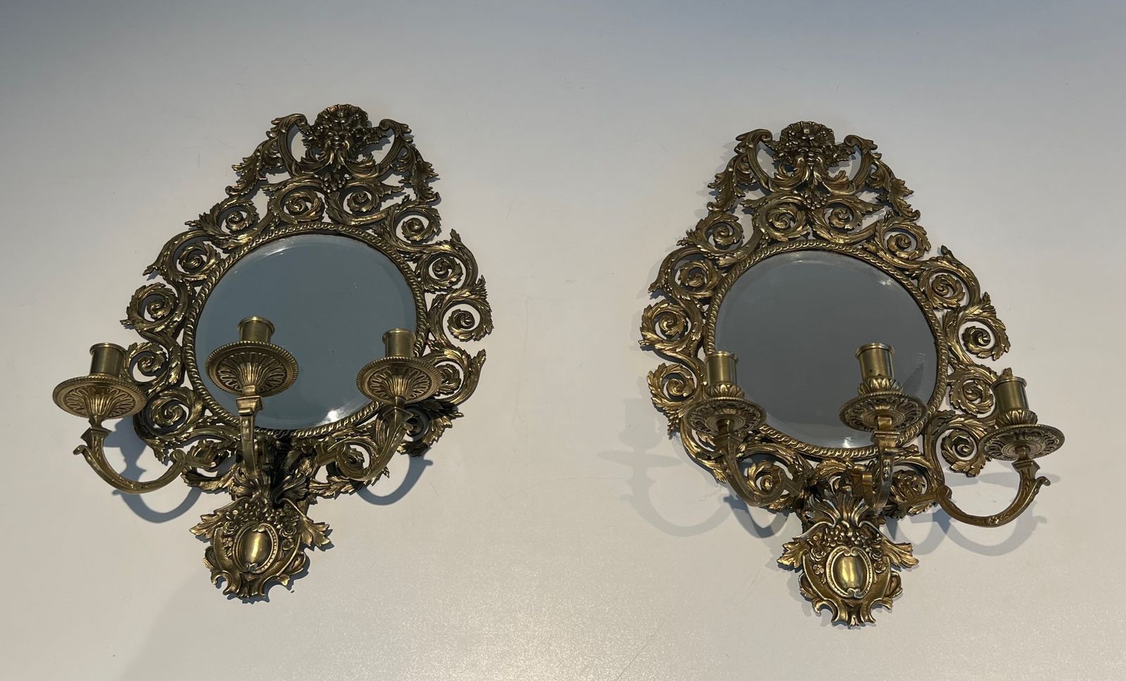 Important Pair Of Louis XIV Style Sconces In Bronze And Mirror