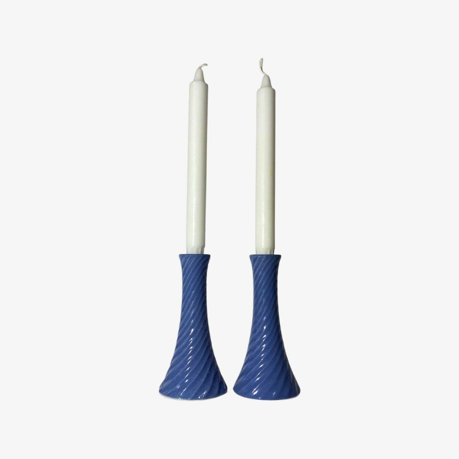 60s Babyblue Candlestick Holders | Set Of 2 Handmade Vintage Candle Holders From Denmark | Amazing Spiral Ceramic Pattern Midcentury Design photo furniture