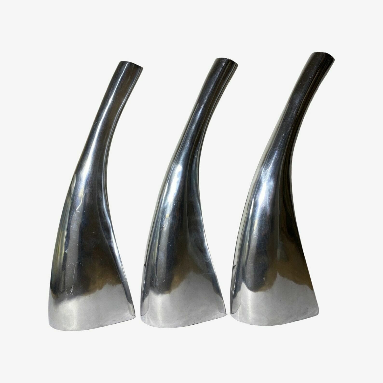 Set Of 3 Silver Retro Candlestick Holders | 3 Silver Colored Design Candle Holders From Denmark In Good Condition photo 102.0