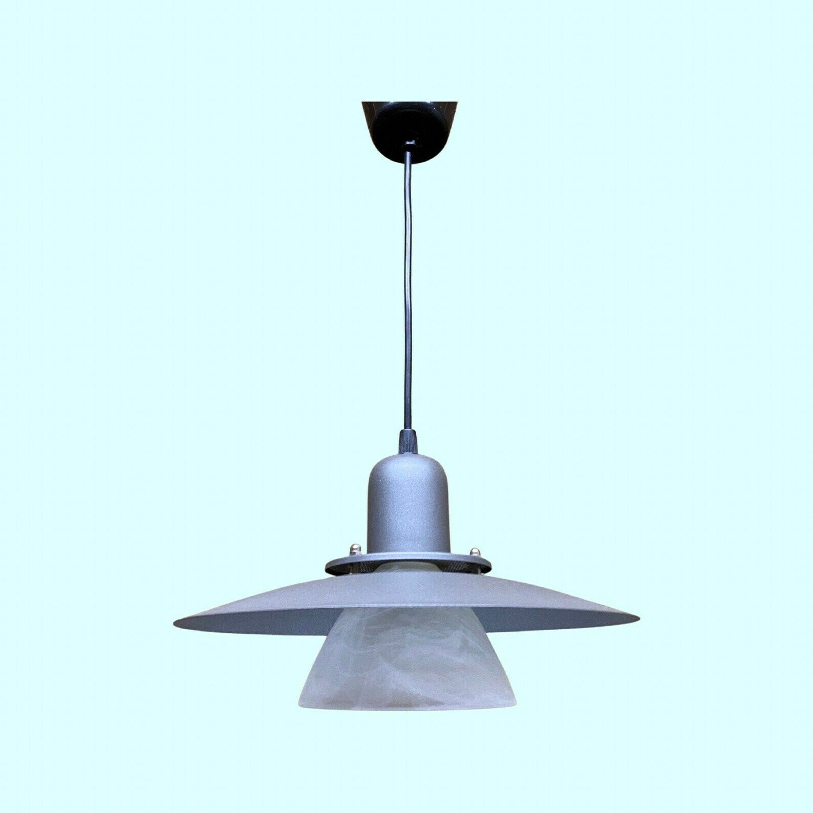 Vintage Metal/Glass Hanging Light | Mid Century Grey Pendant Lamp With Glass Shade | Industrial Vintage Hanging Lighting From Scandinavia photo furniture