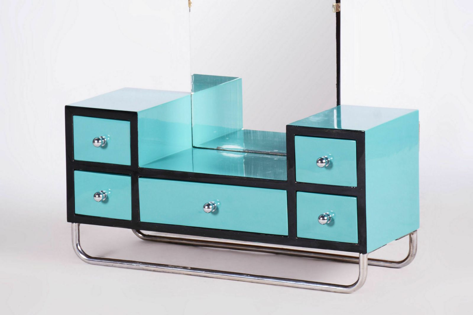 Restored Bauhaus Dressing Mirror, Chrome, Steel, Lacquered Wood, Czechia, 1930s photo vintage