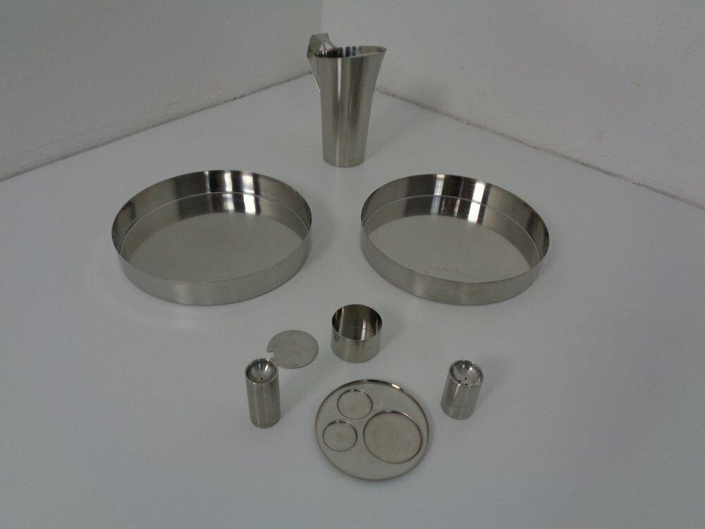 Cylinda Trays And Jug With Salt And Pepper Shaker By Arne Jacobsen For Stelton, 1960s, Set Of 7 photo for sale