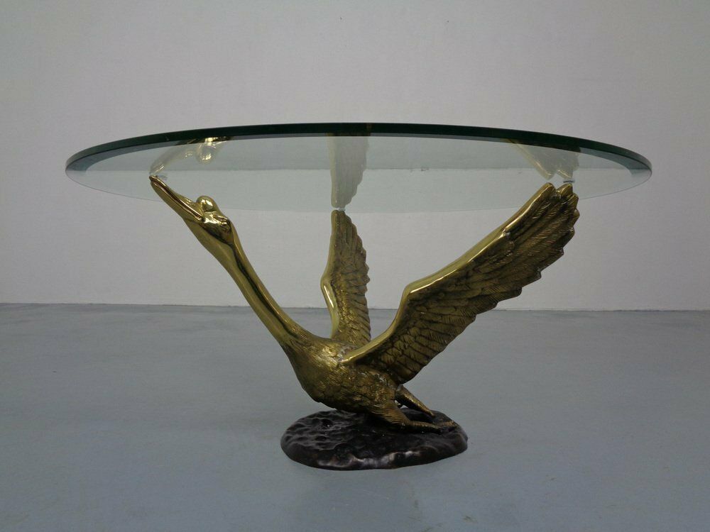 French Swan Coffee Table In Brass And Glass, 1960s