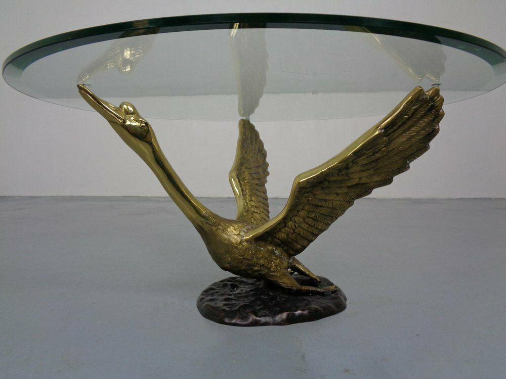 French Swan Coffee Table In Brass And Glass, 1960s photo for sale