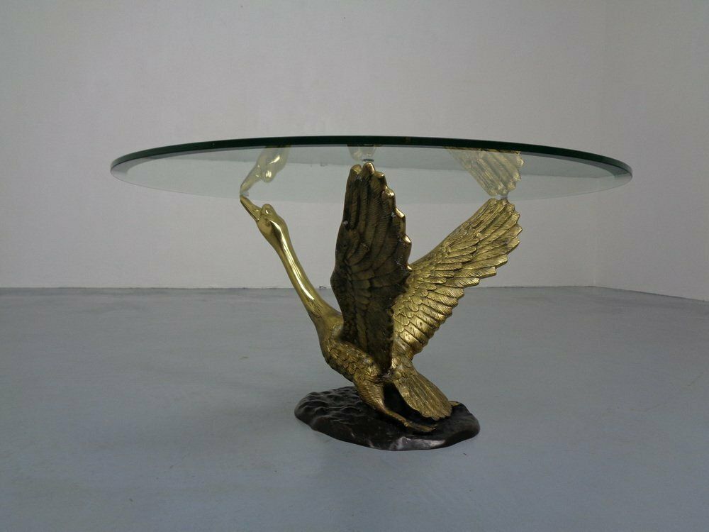 French Swan Coffee Table In Brass And Glass, 1960s photo Furniture
