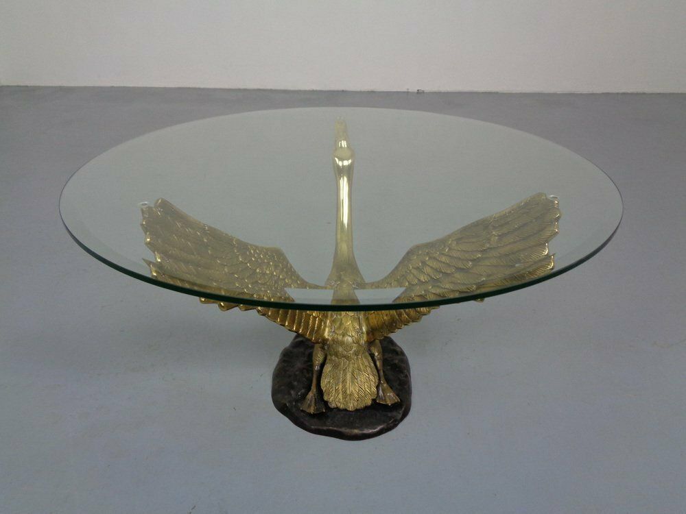 French Swan Coffee Table In Brass And Glass, 1960s photo vinterior