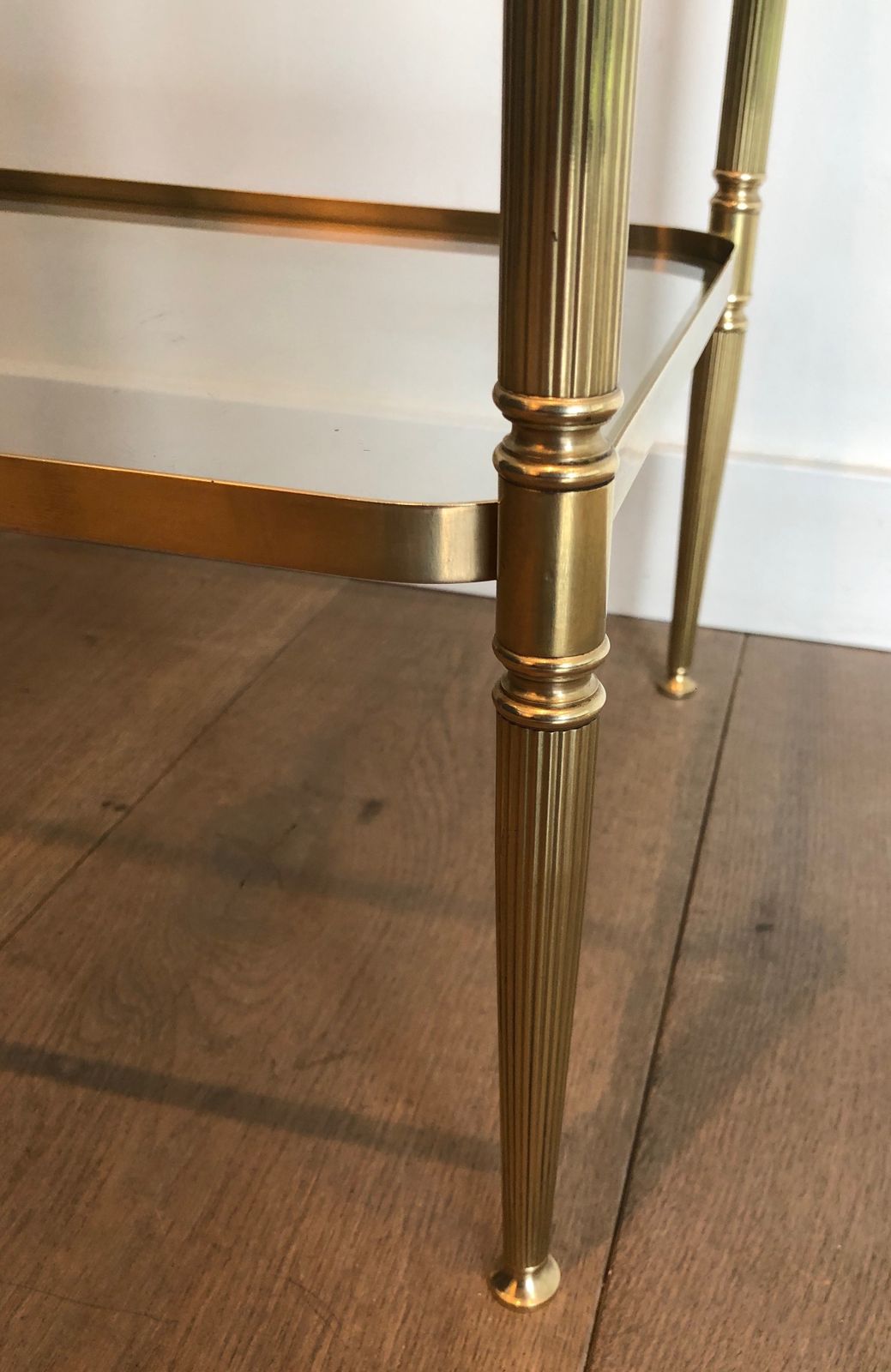 photo for sale Pair Of Neoclassical Style Brass Side Tables In The Style Of Maison Jansen