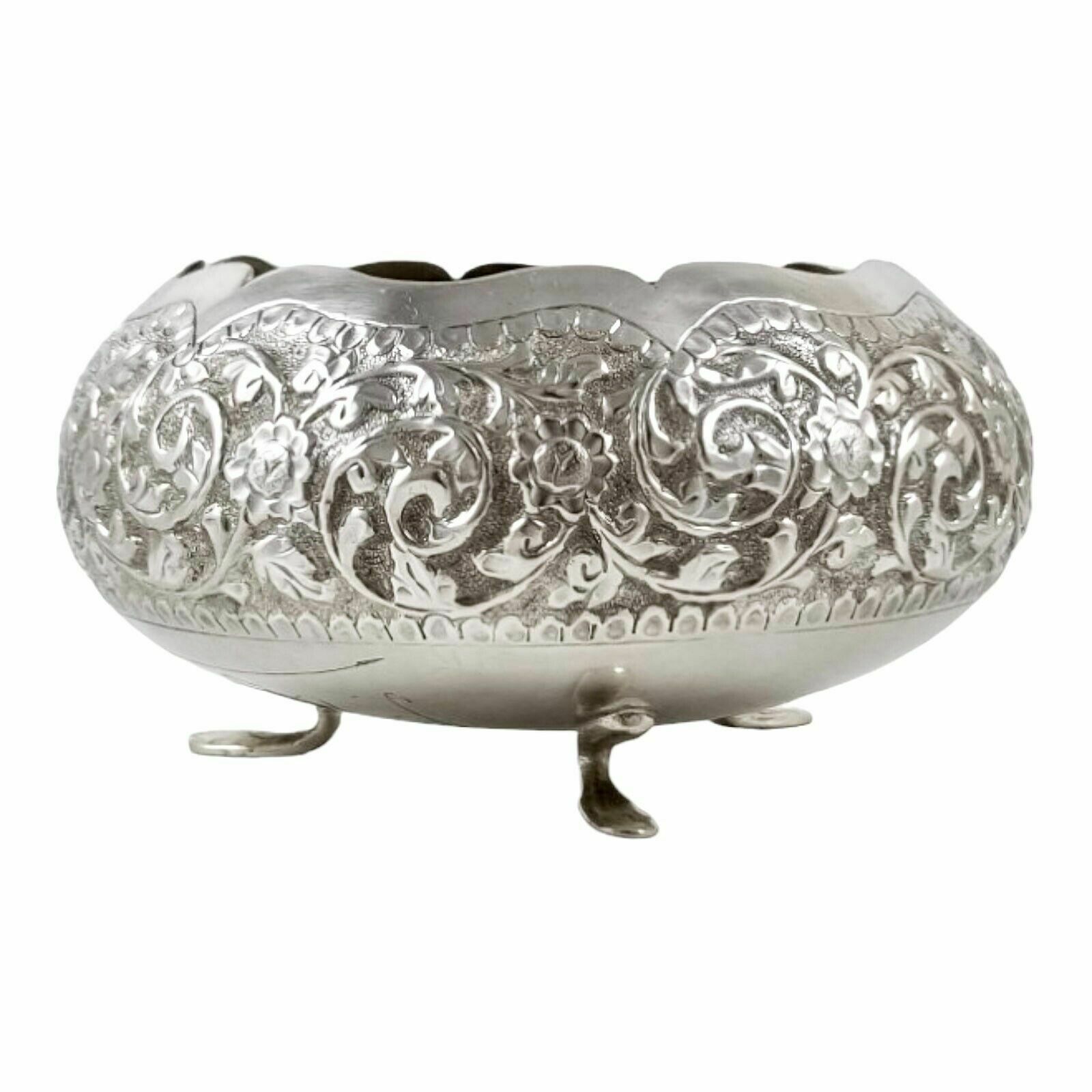 Indian Kutch Sterling Silver Tri Foot Round Sugar Bowl Embossed Flowers, Foliage photo furniture