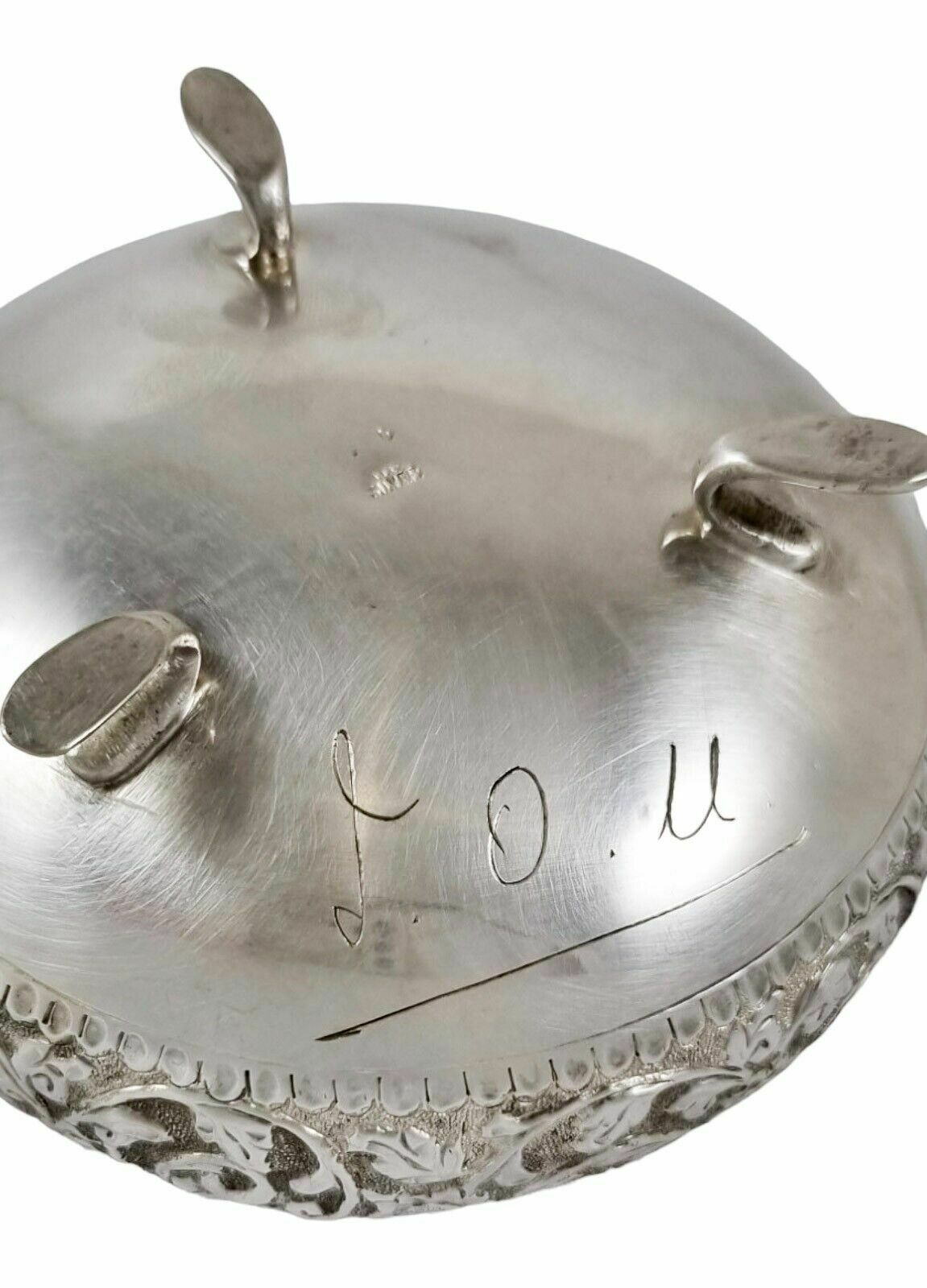 Home Decor Indian Kutch Sterling Silver Tri Foot Round Sugar Bowl Embossed Flowers, Foliage photo
