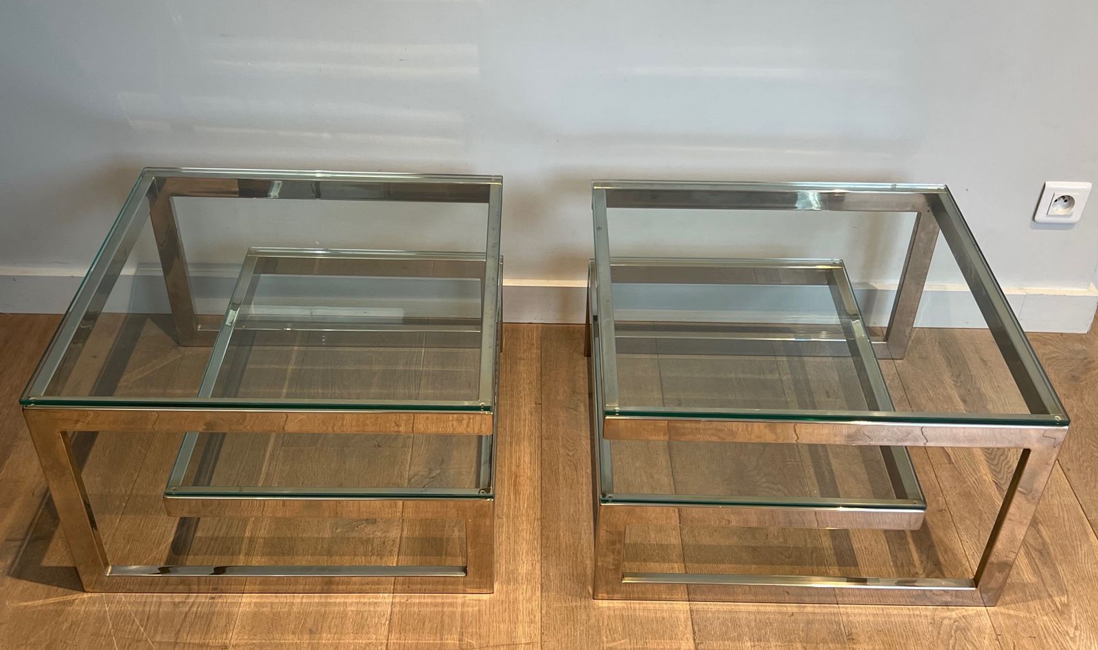 Pair Of Chrome Design Side Tables With Double Glass Slab photo furniture
