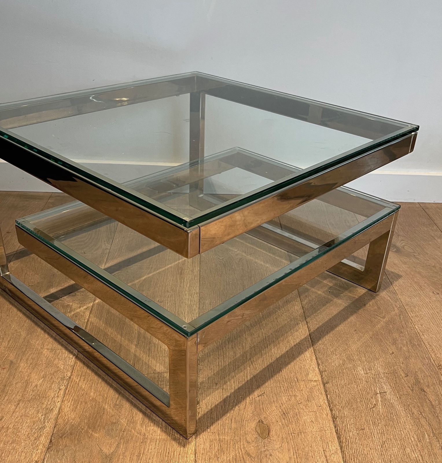 photo for sale Pair Of Chrome Design Side Tables With Double Glass Slab