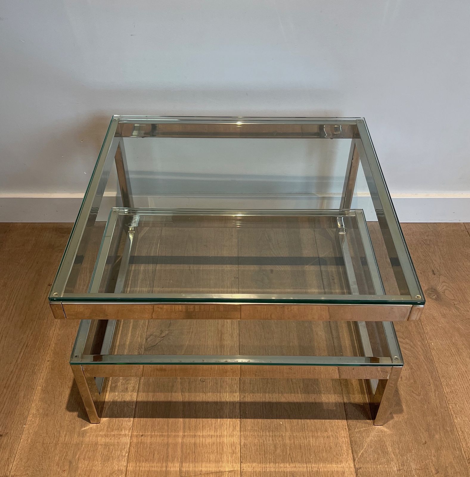 Furniture Pair Of Chrome Design Side Tables With Double Glass Slab photo