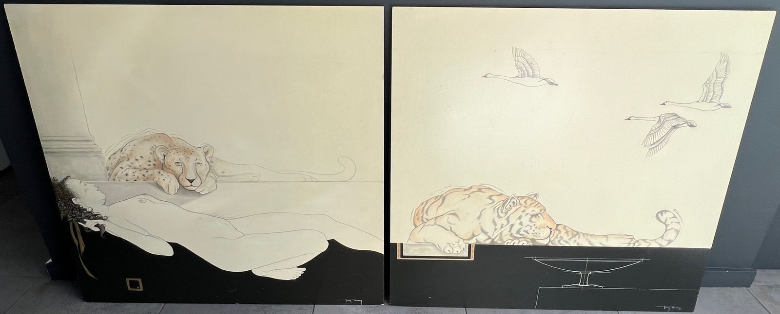 photo furniture Pair Of Large Decorative Gouaches Signed Tony Warren