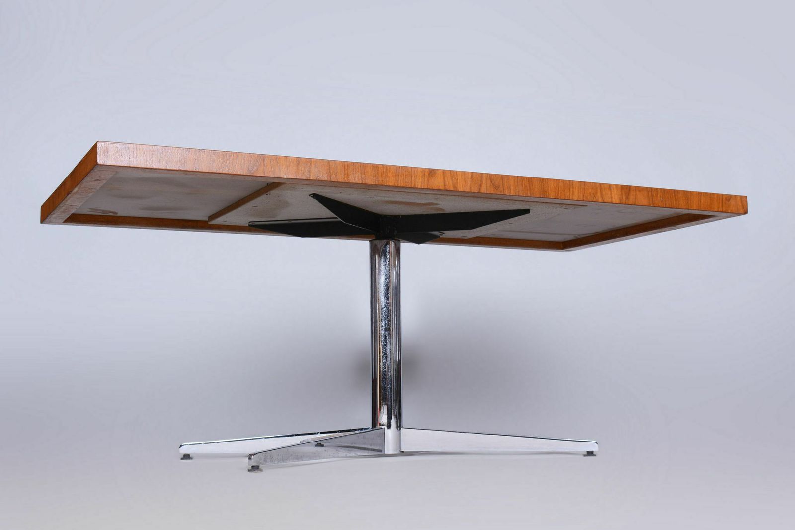 Restored Mid Century Walnut Coffee Table, Chrome Plated Steel, Revived Polish, Czechia, 1960s photo vinterior